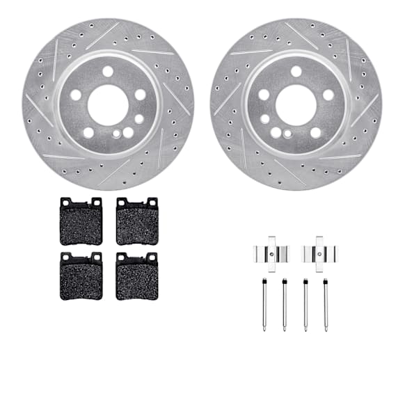 WGTH1-63041 Rear Brake Disc and Pad Kit, Cross-drilled and Slotted Ceramic R1 eLINE Silver Rotors with European Ceramic Pads Series