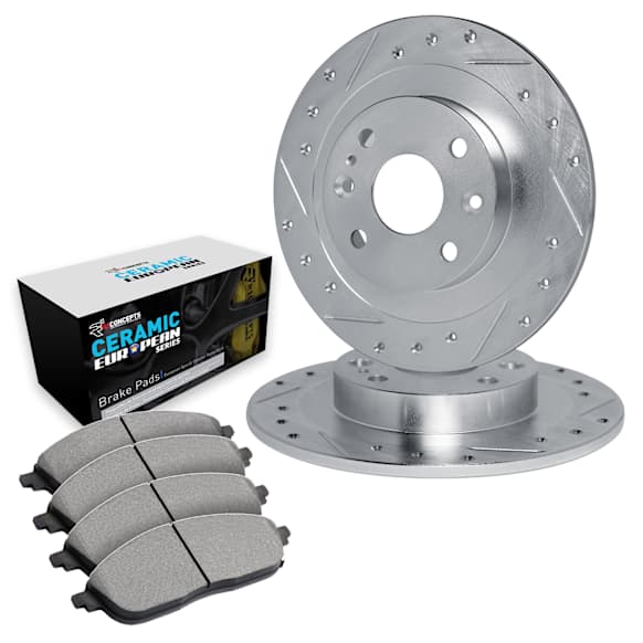 WGTN1-14000 Front Brake Disc and Pad Kit, Cross-drilled and Slotted Ceramic R1 eLINE Silver Rotors with European Ceramic Pads Series