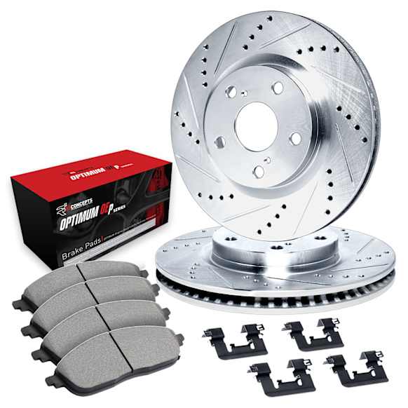 WGUH1-03074 Front Brake Disc and Pad Kit, Silver zinc-plated, Cross-drilled and Slotted, 279 mm, OE Replacement, R1 eLINE Silver Rotors wtih Optimum OEp Pads Series