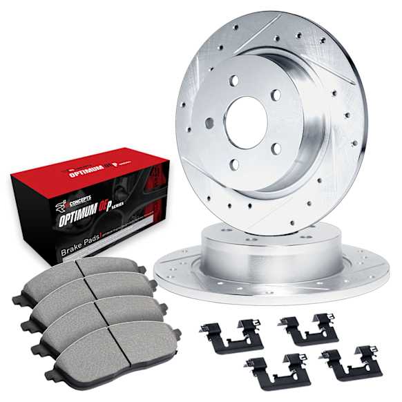 WGUH1-21042 Rear Brake Disc and Pad Kit, Cross-drilled and Slotted OE Replacement R1 eLINE Silver Rotors wtih Optimum OEp Pads Series