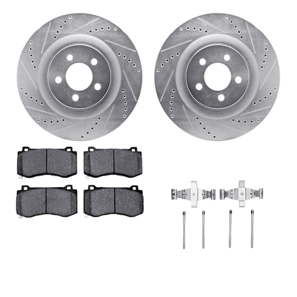 WGUH1-39119 Front Brake Disc and Pad Kit, Silver zinc-plated, Cross-drilled and Slotted, 361 mm, OE Comparable Pad Material, R1 eLINE Silver Rotors wtih Optimum OEp Pads Series