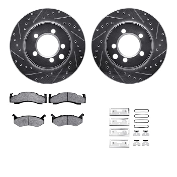 WGUH1-40010 Front Brake Disc and Pad Kit, Silver zinc-plated, Cross-drilled and Slotted, 305 mm, OE Replacement, R1 eLINE Silver Rotors wtih Optimum OEp Pads Series