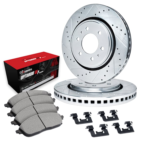WGUH1-54199 Rear Brake Disc and Pad Kit, Silver zinc-plated, Cross-drilled and Slotted, 308 mm, OE Replacement, R1 eLINE Silver Rotors wtih Optimum OEp Pads Series