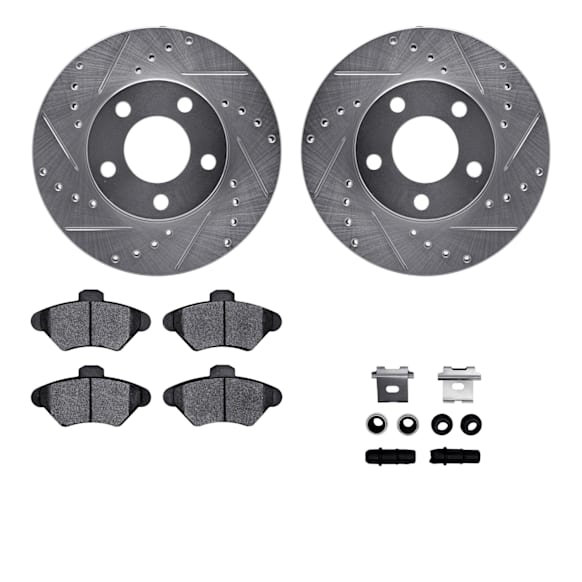WGUH1-54321 Front Brake Disc and Pad Kit, Silver zinc-plated, Cross-drilled and Slotted, 279 mm, OE Replacement, R1 eLINE Silver Rotors wtih Optimum OEp Pads Series