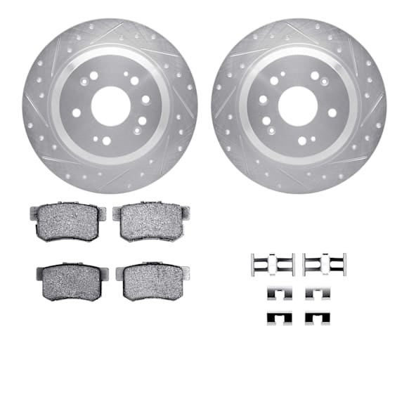 WGUH1-59045 Rear Brake Disc and Pad Kit, Silver zinc-plated, Cross-drilled and Slotted, 305 mm, OE Replacement, R1 eLINE Silver Rotors wtih Optimum OEp Pads Series
