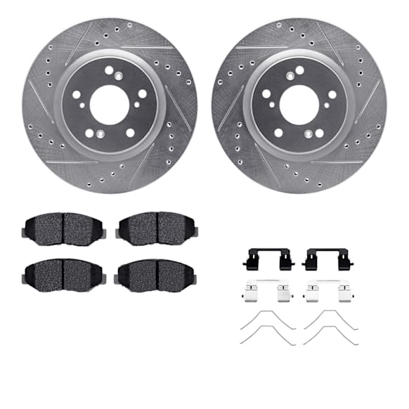 WGUH1-59068 Front Brake Disc and Pad Kit, Silver zinc-plated, Cross-drilled and Slotted, 310 mm, OE Replacement, FWD, R1 eLINE Silver Rotors wtih Optimum OEp Pads Series