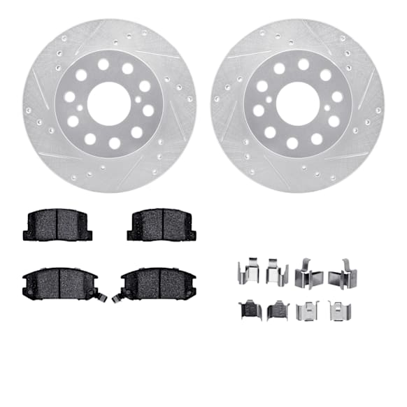 WGUH1-76043 Rear Brake Disc and Pad Kit, Silver zinc-plated, Cross-drilled and Slotted, 267 mm, OE Comparable Pad Material, R1 eLINE Silver Rotors wtih Optimum OEp Pads Series