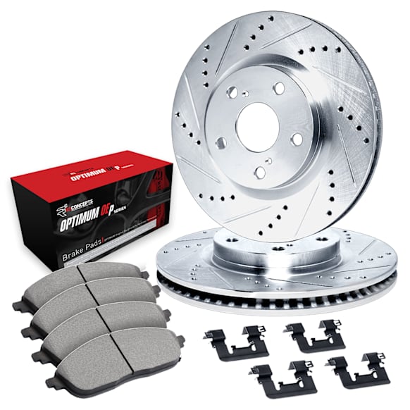 WGUH1-80086 Front Brake Disc and Pad Kit, Silver zinc-plated, Cross-drilled and Slotted, 280 mm, OE Replacement, R1 eLINE Silver Rotors wtih Optimum OEp Pads Series