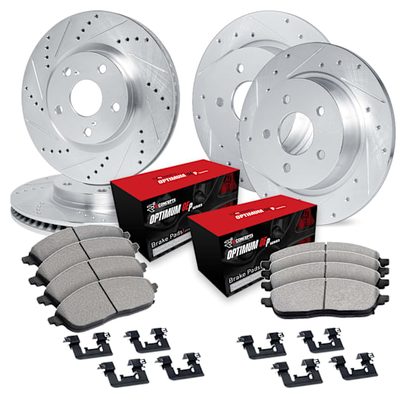 WGUH2-59027 Front and Rear Brake Disc and Pad Kit, Silver zinc-plated, Cross-drilled and Slotted, Front - 305 mm, Rear - 330 mm, OE Replacement, R1 eLINE Silver Rotors wtih Optimum OEp Pads Series