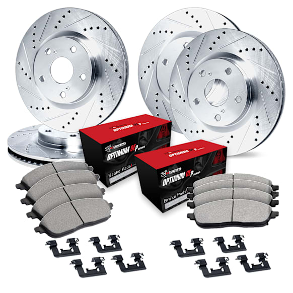 2012 Infiniti FX50 - Front and Rear Brake Disc and Pad Kit, Silver zinc-plated, Cross-drilled and Slotted, Front - 356 mm, Rear - 351 mm, OE Replacement, 5.0L 8Cyl, R1 eLINE Silver Rotors wtih Optimum OEp Pads Series
