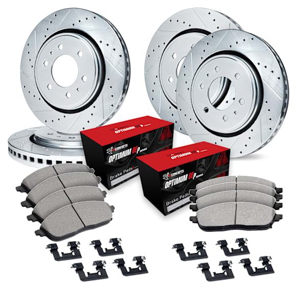 WGUH2-76066 Front and Rear Brake Disc and Pad Kit, Cross-drilled and Slotted OE Replacement R1 eLINE Silver Rotors wtih Optimum OEp Pads Series
