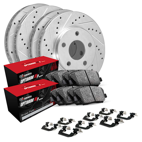 WGUH2-76098 Front and Rear Brake Disc and Pad Kit, Silver zinc-plated, Cross-drilled and Slotted, 279 mm, OE Replacement, R1 eLINE Silver Rotors wtih Optimum OEp Pads Series
