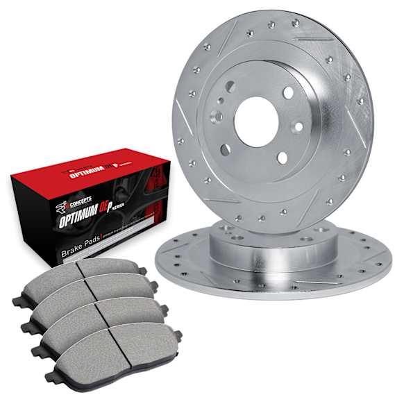 WGUN1-31000 Front Brake Disc and Pad Kit, Silver zinc-plated, Cross-drilled and Slotted, 239 mm, OE Replacement, R1 eLINE Silver Rotors wtih Optimum OEp Pads Series