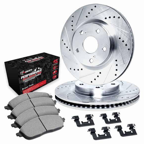 WGVH1-42007 Rear Brake Disc and Pad Kit, Silver zinc-plated, Cross-drilled and Slotted, 330 mm, R1 eLINE Silver Rotors with Performance Off-Road/Tow Pads Series