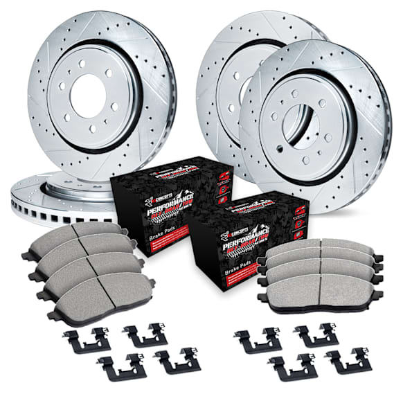 WGVH2-76004 Front and Rear Brake Disc and Pad Kit, Silver zinc-plated, Cross-drilled and Slotted, Front - 343 mm, Rear - 328 mm, R1 eLINE Silver Rotors with Performance Off-Road/Tow Pads Series