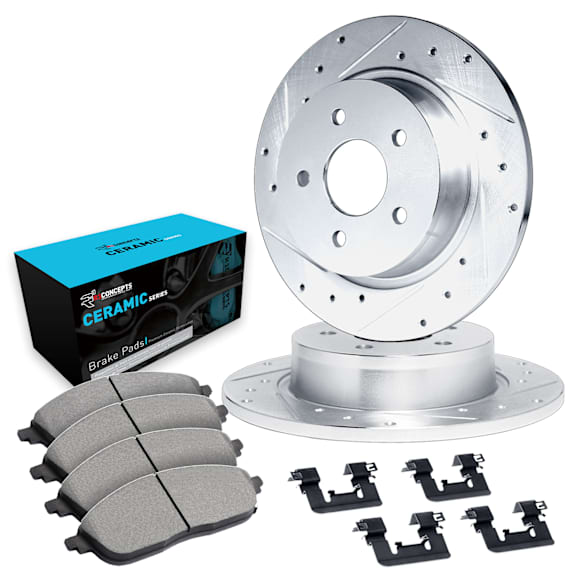 WGWH1-73080 Rear Brake Disc and Pad Kit, Silver zinc-plated, Cross-drilled and Slotted, 300 mm, Ceramic, R1 eLINE Silver Rotors with Ceramic Pads Series