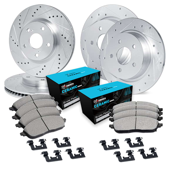 1987 BMW 535i - Front and Rear Brake Disc and Pad Kit, Silver zinc-plated, Cross-drilled and Slotted, Front - 279 mm, Rear - 305 mm, Ceramic, 3.5L 6Cyl, R1 eLINE Silver Rotors with Ceramic Pads Series