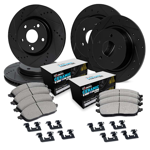 WHTH2-39001 Front and Rear Brake Disc and Pad Kit, Cross-drilled and Slotted Ceramic R1 eLINE Black Rotors with European Ceramic Pads Series