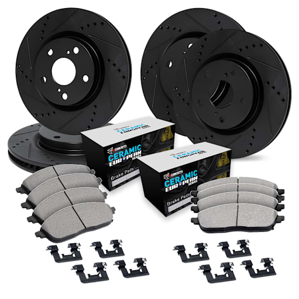 WHTH2-67004 Front and Rear Brake Disc and Pad Kit, Black, Cross-drilled and Slotted, 305 mm, Ceramic, R1 eLINE Black Rotors with European Ceramic Pads Series