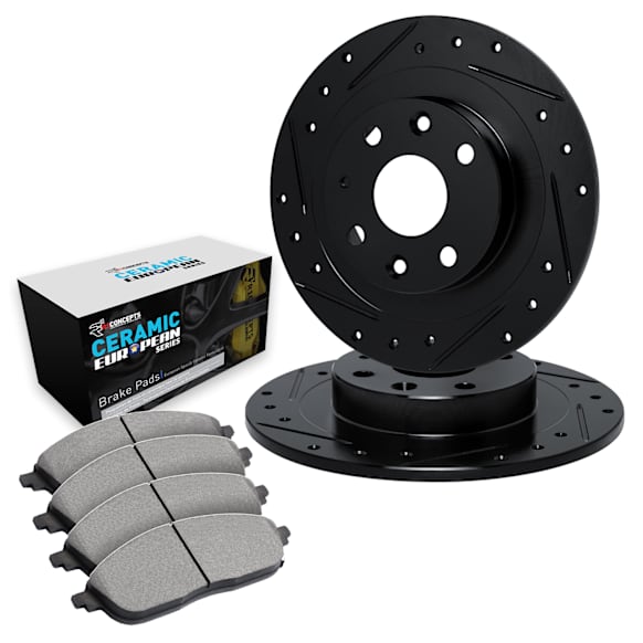 WHTN1-20000 Rear Brake Disc and Pad Kit, Cross-drilled and Slotted Ceramic R1 eLINE Black Rotors with European Ceramic Pads Series