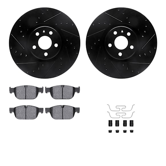 WHUH1-27287 Front Brake Disc and Pad Kit, Black, Cross-drilled and Slotted, 345 mm, OE Comparable Pad Material, R1 eLINE Black Rotors with Optimum OEp Pads Series