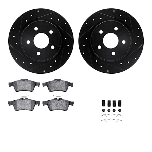 WHUH1-54179 Rear Brake Disc and Pad Kit, Black, Cross-drilled and Slotted, 279 mm, OE Replacement, R1 eLINE Black Rotors with Optimum OEp Pads Series