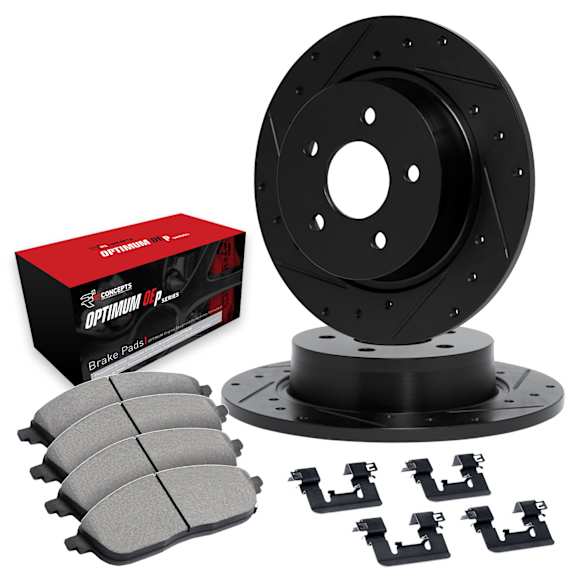 WHUH1-59028 Rear Brake Disc and Pad Kit, Black, Cross-drilled and Slotted, 267 mm, OE Comparable Pad Material, R1 eLINE Black Rotors with Optimum OEp Pads Series