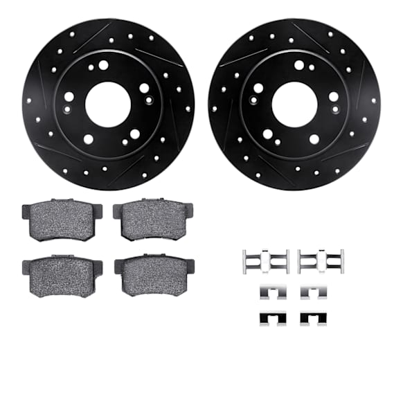 WHUH1-59035 Rear Brake Disc and Pad Kit, Black, Cross-drilled and Slotted, 267 mm, OE Replacement, R1 eLINE Black Rotors with Optimum OEp Pads Series