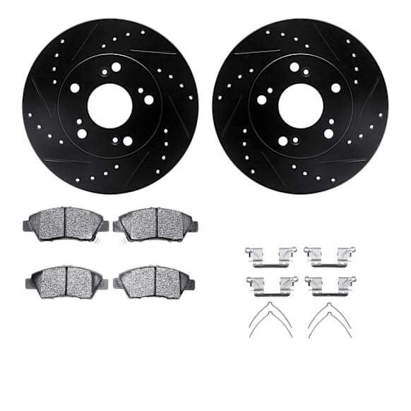 WHUH1-59038 Front Brake Disc and Pad Kit, Black, Cross-drilled and Slotted, 274 mm, OE Replacement, R1 eLINE Black Rotors with Optimum OEp Pads Series