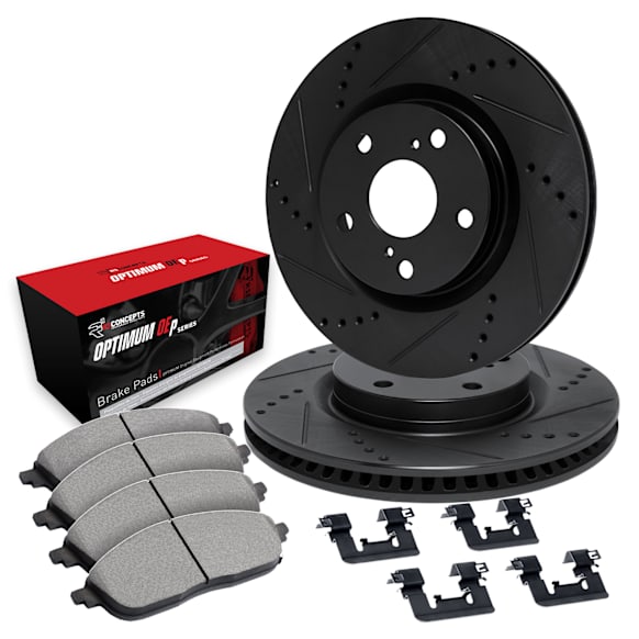 WHUH1-59068 Front Brake Disc and Pad Kit, Cross-drilled and Slotted OE Replacement FWD R1 eLINE Black Rotors with Optimum OEp Pads Series