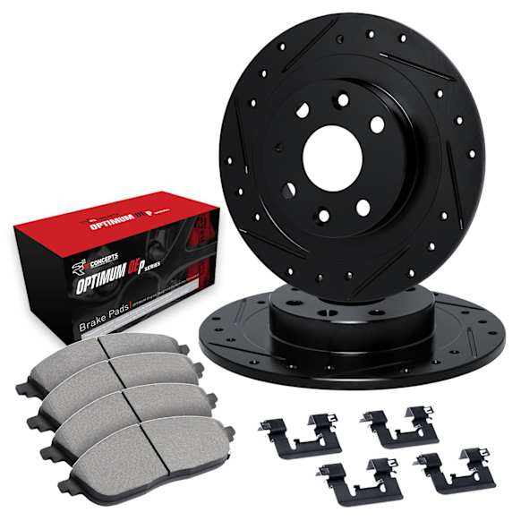 WHUH1-67042 Rear Brake Disc and Pad Kit, Black, Cross-drilled and Slotted, 267 mm, OE Replacement, R1 eLINE Black Rotors with Optimum OEp Pads Series
