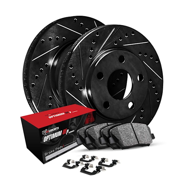 WHUH1-74058 Rear Brake Disc and Pad Kit, Black, Cross-drilled and Slotted, 310 mm, OE Replacement, R1 eLINE Black Rotors with Optimum OEp Pads Series