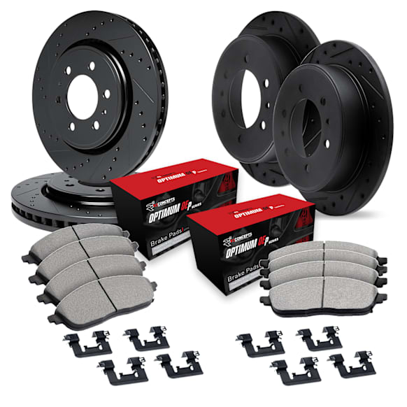 WHUH2-40247 Front and Rear Brake Disc and Pad Kit, Cross-drilled and Slotted OE Replacement R1 eLINE Black Rotors with Optimum OEp Pads Series