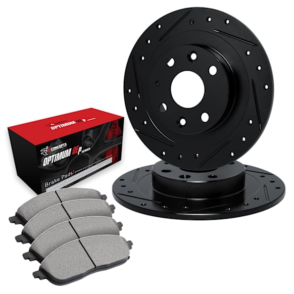 WHUN1-07002 Front Brake Disc and Pad Kit, Black, Cross-drilled and Slotted, 267 mm, OE Comparable Pad Material, R1 eLINE Black Rotors with Optimum OEp Pads Series
