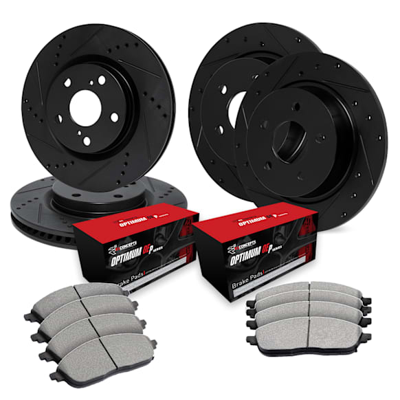 WHUN2-40218 Front and Rear Brake Disc and Pad Kit, Black, Cross-drilled and Slotted, Front - 267 mm, Rear - 279 mm, OE Replacement, R1 eLINE Black Rotors with Optimum OEp Pads Series