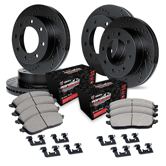 WHVH2-40007 Front and Rear Brake Disc and Pad Kit, Black, Cross-drilled and Slotted, Front - 361 mm, Rear - 358 mm, R1 eLINE Black Rotors with Performance Off-Road/Tow Pads Series
