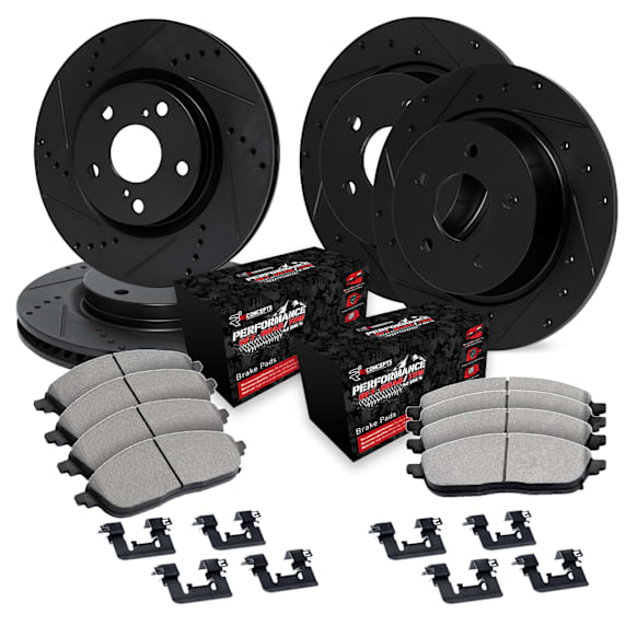WHVH2-42009 Front and Rear Brake Disc and Pad Kit, Black, Cross-drilled and Slotted, Front - 307 mm, Rear - 323 mm, R1 eLINE Black Rotors with Performance Off-Road/Tow Pads Series
