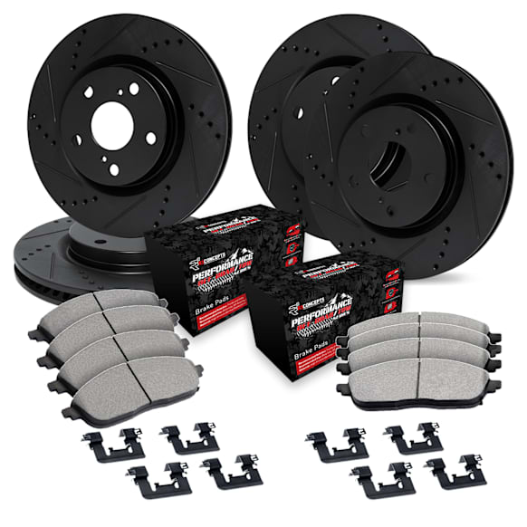 WHVH2-48001 Front and Rear Brake Disc and Pad Kit, Black, Cross-drilled and Slotted, Front - 279 mm, Rear - 305 mm, R1 eLINE Black Rotors with Performance Off-Road/Tow Pads Series
