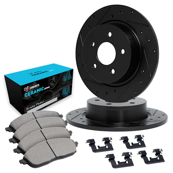 WHWH1-47072 Rear Brake Disc and Pad Kit, Black, Cross-drilled and Slotted, 267 mm, Ceramic, R1 eLINE Black Rotors with Ceramic Pads Series