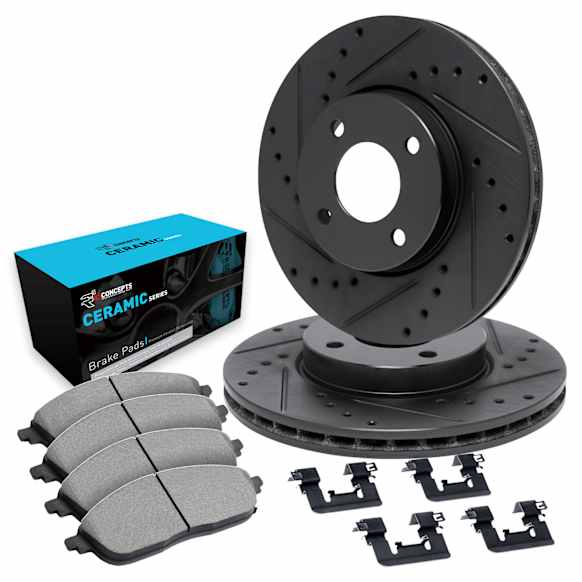 WHWH1-80006 Front Brake Disc and Pad Kit, Black, Cross-drilled and Slotted, 254 mm, Ceramic, R1 eLINE Black Rotors with Ceramic Pads Series