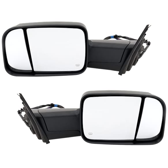 Driver and Passenger Side Towing Mirror, Power Adjust, Heated, Manual Folding, Textured Black, In-housing Signal Light, With Memory, With Puddle Light, No Auto-Dim, With Blind Spot Glass