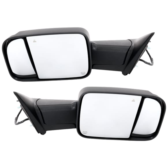 Driver and Passenger Side Towing Mirror, Power Adjust, Heated, Power Folding, Textured Black, In-housing Signal Light, No Memory, With Puddle Light, No Auto-Dim, With Blind Spot Detection in Glass