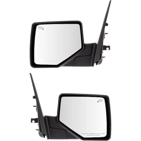 Driver and Passenger Side Non-Towing Mirrors, Power Adjust, Manual Folding, Heated, With 1 Chrome and 1 Textured Black Cap, No Signal Light, No Memory, With Puddle Light, No Auto-Dimming