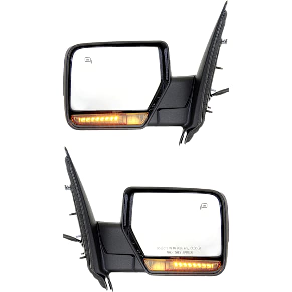 Driver and Passenger Side Mirror, Power Adjust, Heated, Manual Folding, Textured Black, In-housing Signal Light, With Memory, With Puddle Light, No Auto-Dim, No Blind Spot Feature