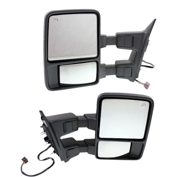 Driver and Passenger Side Towing Mirror, Power Adjust, Heated, Manual Folding, Textured Black, In-housing Signal Light, With Memory, No Puddle Light, No Auto-Dim, With Blind Spot Glass