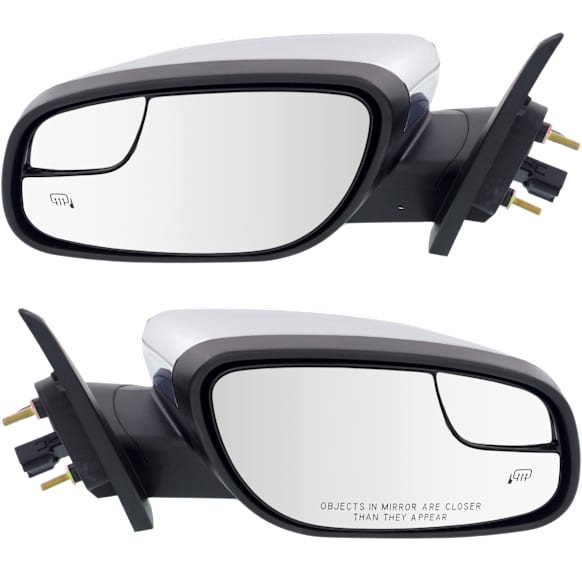 Driver and Passenger Side Mirror, Power Adjust, Heated, Manual Folding, Chrome, No Signal Light, With Memory, With Puddle Light, No Auto-Dim, With Blind Spot Glass