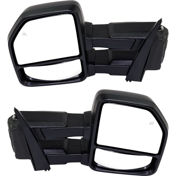 Driver and Passenger Side Towing Mirror, Power Adjust, Heated, Manual Folding, Textured Black, In-housing Signal Light, No Memory, With Puddle Light, No Auto-Dim, No Blind Spot Feature