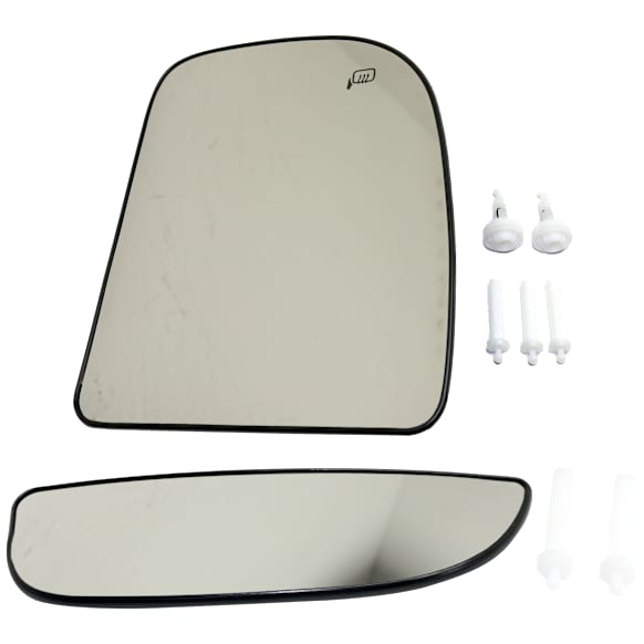 Passenger Side, Upper and Lower Mirror Glass, Heated Upper Glass; Non-Heated Lower Glass, No Blind Spot Feature, Backing Plate Included