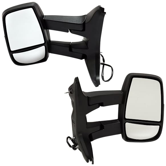 2015-2017 Ford Transit-350 - Driver and Passenger Side Towing Mirror, Power Adjust, Non-Heated, Manual Folding, Textured Black, No Signal Light, Without Memory Recall, No Puddle Light, No Auto-Dimming, No Blind Spot Feature
