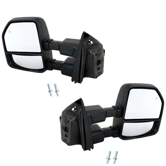 Driver and Passenger Side Towing Mirror, Upper - Power Adjust, Lower - Manual Adjust, Heated, Manual Folding, Textured Black, In-housing Signal Light, No Memory, With Puddle Light, No Auto-Dim